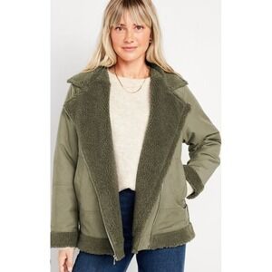 NWT Women's Cozy Faux Shearling Biker Jacket | Utility Army Green Flight Sz SM